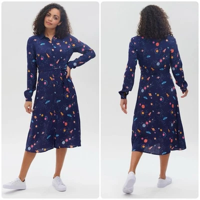 Sugarhill Brighton Belted Elspeth Shirt Dress UFO Space Print Navy Blue US6 UK10 - Image 1 of 4