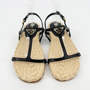 NWOB Prada Black Leather Triangle Logo Plaque Raffia Strappy Flat Sandal IT 39 - Picture 1 of 11