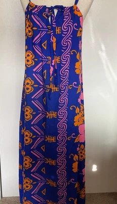 Vintage Hawaiian Print Maxi Dress Muumuu Adjustable Straps Blue Orange Pink - Image 1 of 4