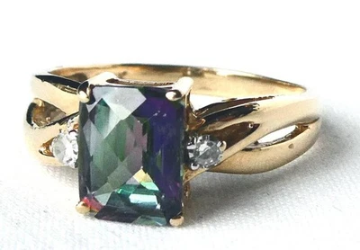 Colorful 14k Yellow Gold Emerald Cut Mystic Topaz Diamond Bridge Ring Sz 7 - Image 1 of 4