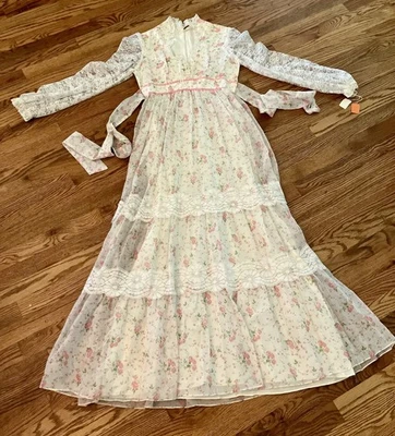 Maxi Vestido Vintage Años 70 ILGWU Floral Boho Pradera Manga Encaje Cottagecore Romántico Foto 1 de 4