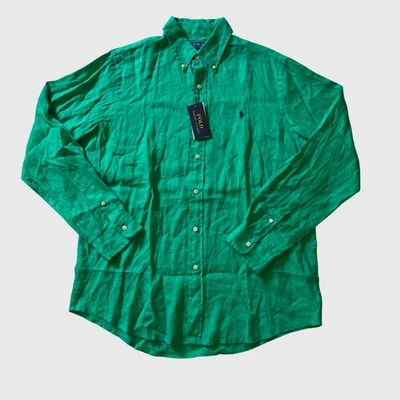 Polo Ralph Lauren Shirt Mens Large Green Classic 100% Linen button Long Sleeve - Image 1 of 4