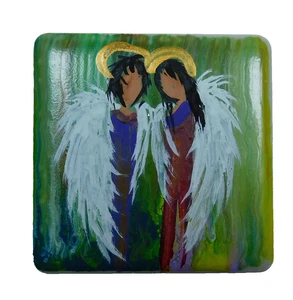 Pair of Angels on Ceramic Tile Magnet Pour Paint Art by Rain Crow - Picture 1 of 6