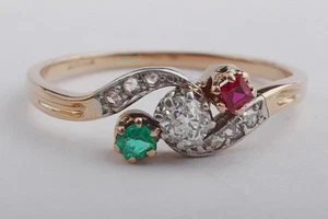 Diamant Ring Rubin Smaragd 585 14K Rot Gold Gr 53 Antik! . - Bild 1 von 9