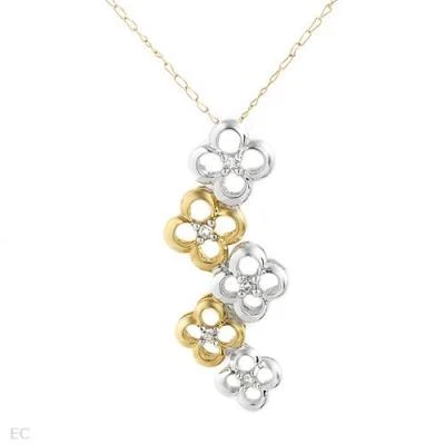 Women Floral Necklace 10K Two Tone Gold & Diamonds. Pendant Length 27 mm. New - Image 1 of 3