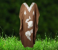 Womens Kaftan Maxi Dress Cotton Crepe Embroidered Brown Boho Gypsy Caftan L-2XL