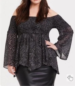 Torrid Babydoll Chiffon Smocked Off-Shoulder Top Animal Print Grey Black 4X - Picture 1 of 11