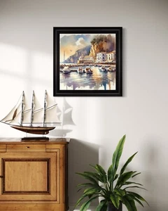 Black Framed Watercolour Marina Printed On Velvet Artwork - Picture 1 of 8