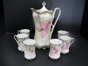 R.S. Prussia Red Mark Royal Vienna Roses Chocolate Pot & 6 Cups - Picture 1 of 9