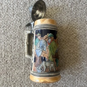 German Vintage Beer Stein Pewter Lid Ceramic Rare Mug For German Made Rare Scene - Picture 1 of 10
