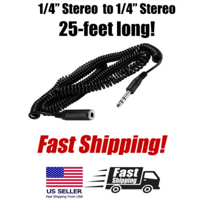 25 pies. Cable Enrollado 1/4" Cable de Extensión de Auriculares Estéreo Macho a Hembra ¡Vendedor de EE. UU.! Foto 1 de 4