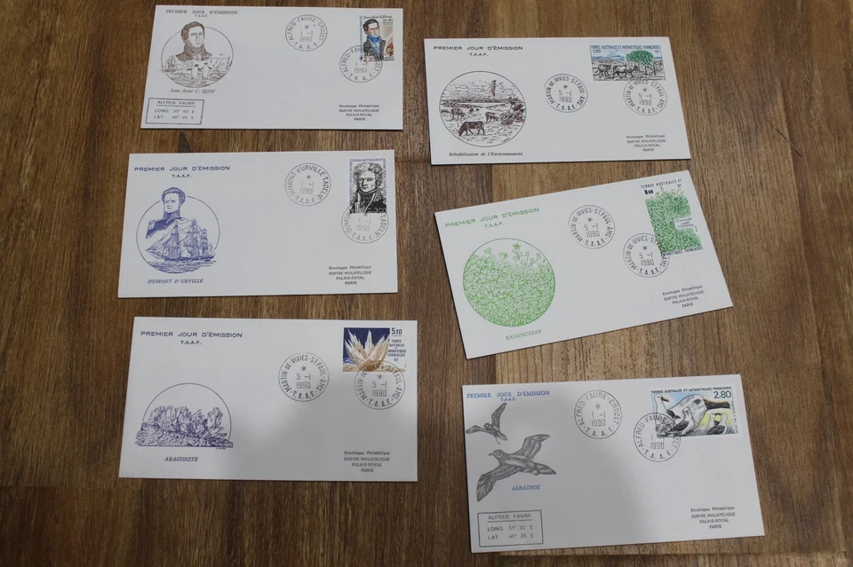 1990 FRENCH SOUTHERN ANTARCTIC FDC X6 - ALBATROSS, DUMONT, CATTLE, MINERALS,QUOY - Image 1 of 1
