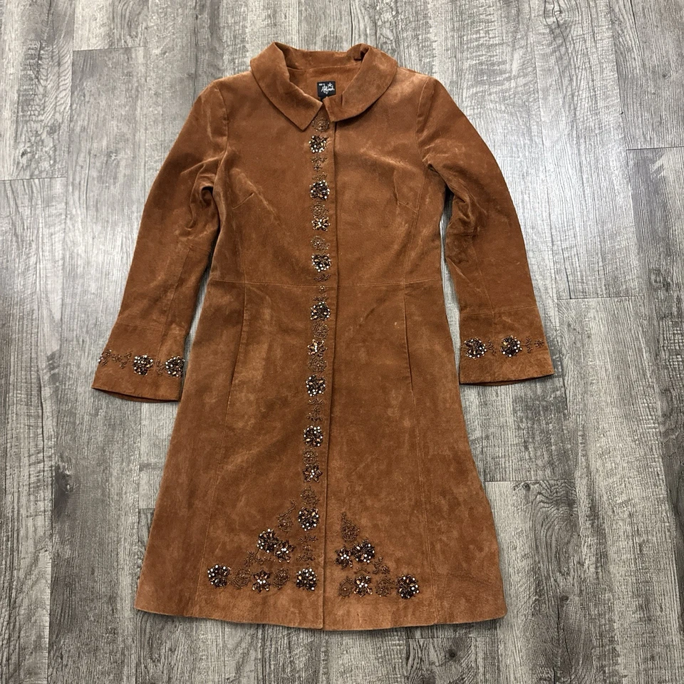 Hot in Hollywood Suede Leather Beaded Floral Embellished Long Jacket Brown S - Image 1 of 4