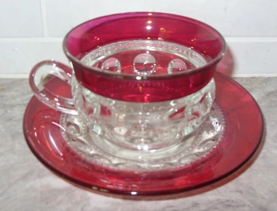 Kings Crown Ruby Red Thumbprint Cup & Saucer Set by Indiana Glass 2 Pcs. VGC - Image 1 of 4