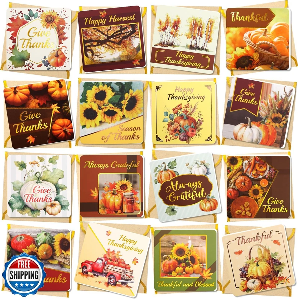 Paquete de 24 mini tarjetas de acción de gracias WorldBazaar con sobres lámina de oro verde otoño Foto 1 de 4
