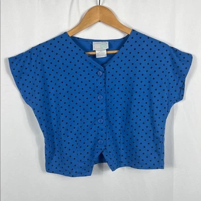 Camicia donna vintage anni 80 Mister Noah abbottonata grande a pois blu nero - Immagine 1 di 4