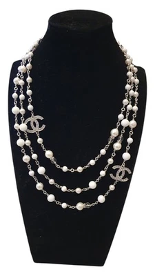 Chanel Perlenkette 3 Reihige Kristall CC Halskette Silber OVP - Bild 1 von 4