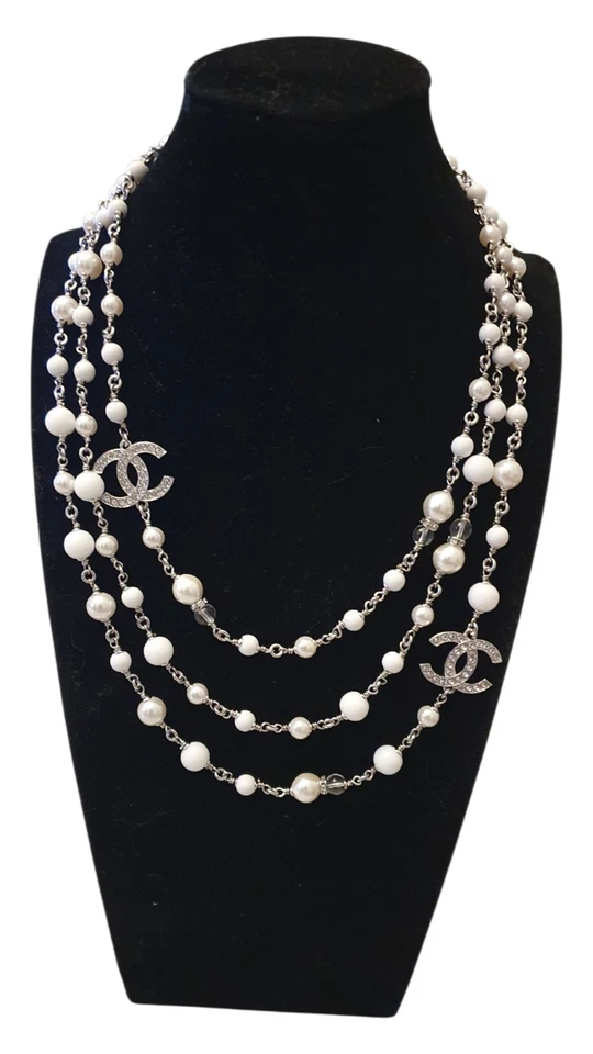 Chanel Perlenkette 3 Reihige Kristall CC Halskette Silber OVP - Bild 1 von 4