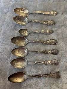Incredible Lot 7 Antique Sterling Silver Souvenir Spoons 153 Grams Rare Finds NR - Picture 1 of 20