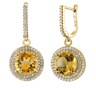 925 Yellow Gold Plated Silver 9.10 Ct Round Citrine Halo Dangle Drop Earrings - Image 1 of 4