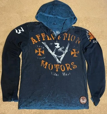 Affliction Hoodie Men's Blue Lightweight Thermal Hood Motors Biker 13 Y2K Medium Foto 1 de 4