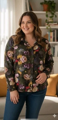 Blusa Nicole Miller satinada oliva acuarela floral ropa de trabajo para mujer talla 2X Foto 1 de 4