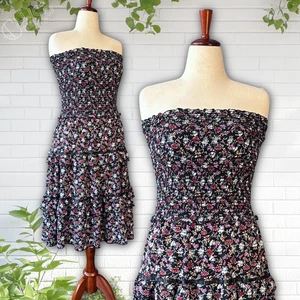 Vintage Y2K Coquette Floral Smocked Strapless Tiered Ruffle Mini Dress Sz L USA - Bild 1 von 17
