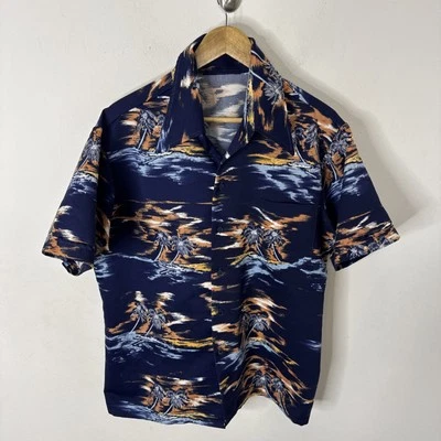 Vintage 70s Hawaiian Shirt Dagger Collar Palm Tree Sunset L/XL Aloha Surf Vtg - Image 1 of 4