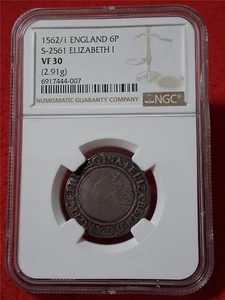 England 1562/1 SILVER 6 PENCE QUEEN ELIZABETH I NGC VF 30 S-2561  2.91g #MF-3900 - Picture 1 of 4