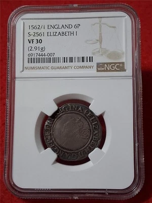 England 1562/1 SILVER 6 PENCE QUEEN ELIZABETH I NGC VF 30 S-2561  2.91g #MF-3900 - Image 1 of 4