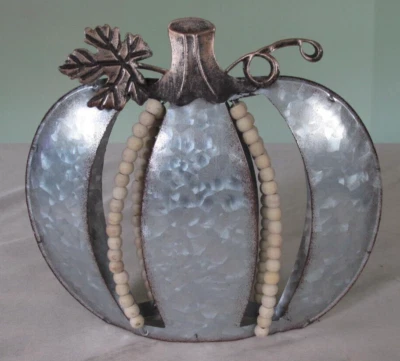 Steel Pumpkin Wood Beaded Holiday Harvest Table Top Home Decor 9" x 10" - Image 1 of 3