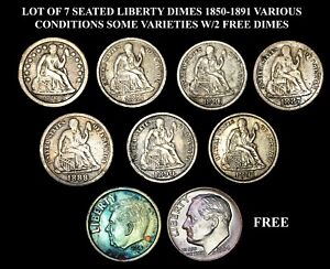 Lot of 7 SILVER Seated Liberty Dimes 1850-1891 Various Conditions w/Varieties
