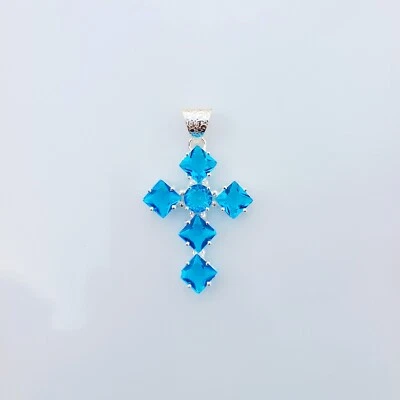 Blue Topaz Cross Pendant 925 Sterling Silver Handmade Gemstone Jewelry 2.20 Inch - Image 1 of 4