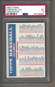 1957  TWIN  BLONY  BASEBALL 3rd  SERIES   CHECKLIST  3 / 4     PSA  5