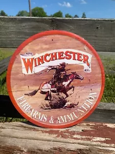 Winchester Firearms Ammuntion Tin Metal Sign Vintage Garage Classic Horse Rider - Picture 1 of 3