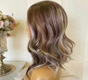 Ash Blonde Brown HD Lace Wig - Small Human Hair Blend Highlights  Wavy Curly - Picture 1 of 5
