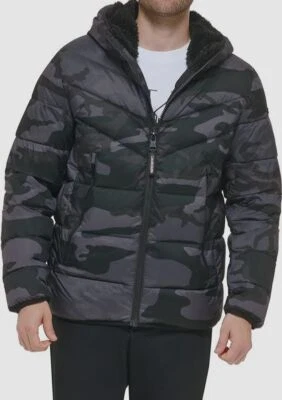 $225 Calvin Klein Para Hombre Gris Camuflaje Elastizado Acolchado Sherpa Forrado Abrigo Chaqueta Talla M Foto 1 de 4