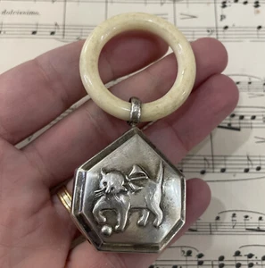 Antique French Art Deco Silver Plated Baby Rattle Teething Ring Cat c1930 - Picture 1 of 4