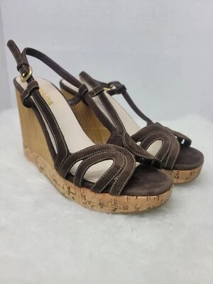 Sandalias Prada Marrón Gamuza Plataforma Cordón Cuña Bambú Zapatos Talla 7.5 Foto 1 de 4