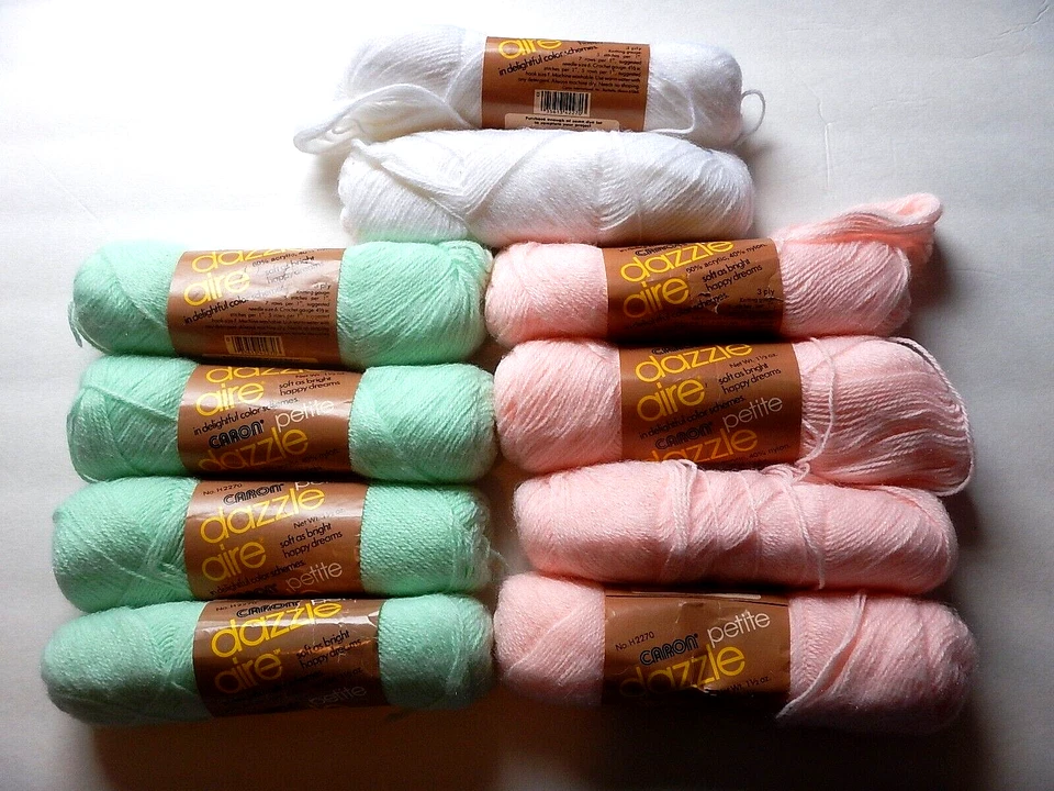 9+ 1.5 oz. Skeins Caron Dazzle Aire Petite Baby Yarn Green Pink White - Image 1 of 1