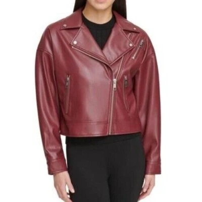 DKNY Moto Jacket Womens XS Red Cabernet Motorcycle Collared Asymmetric Zip Up - Image 1 of 4
