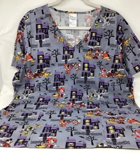 Disney Women Scrub Top Large Gray Halloween Mickey & Friends Short Sleeve - Picture 1 of 4