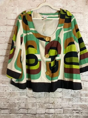 Monroe & Main Artsy Jacket Womens 2X Green & Rusty Abstract Print Wooden Buttons - Image 1 of 4