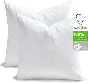 Feather down Throw Pillow Inserts 20 X 20, Set of 2, 100% Organic Cotton Shell, - Picture 1 of 12