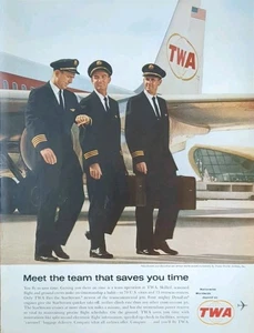 1962 TWA Pilots Print Ad, Meet The Team That Saves You Time Airplane Service  - Picture 1 of 1