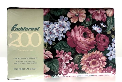 Vtg Fieldcrest Gazebo King Flat Sheet Pink Black Floral Hydrangea NOS New in Pkg - Image 1 of 4