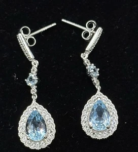 New Condition Sterling Silver Genuine Blue Topaz White Sapphire Dangle Earrings  - Picture 1 of 8