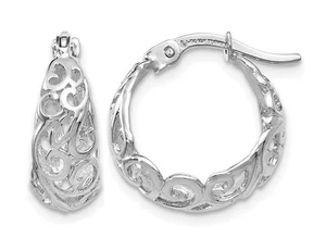14K White Gold Filigree Polished Hoop Earrings - Picture 1 of 4