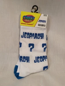 Crazy Socks Jeopardy Mens Size 6-12 White Blue Graphic Novelty Crew Socks - Picture 1 of 2