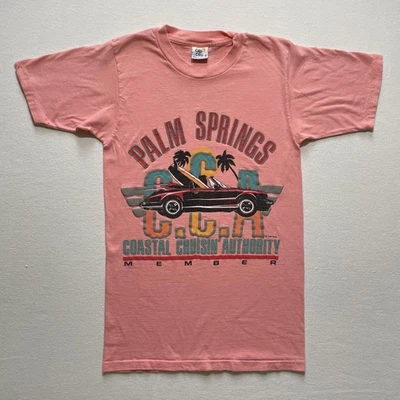 Camisa vintage Palm Springs para hombre pequeña rosa Porsche Souvenir Beach 1988 años 80 EE. UU. Foto 1 de 4